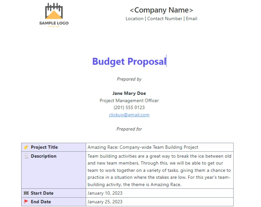 ClickUp Budget Proposal Template