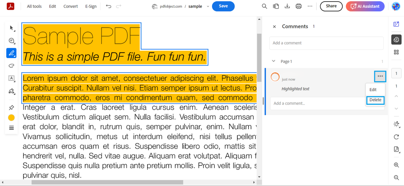 Delete from the comment tab: How to Remove Highlight in PDF