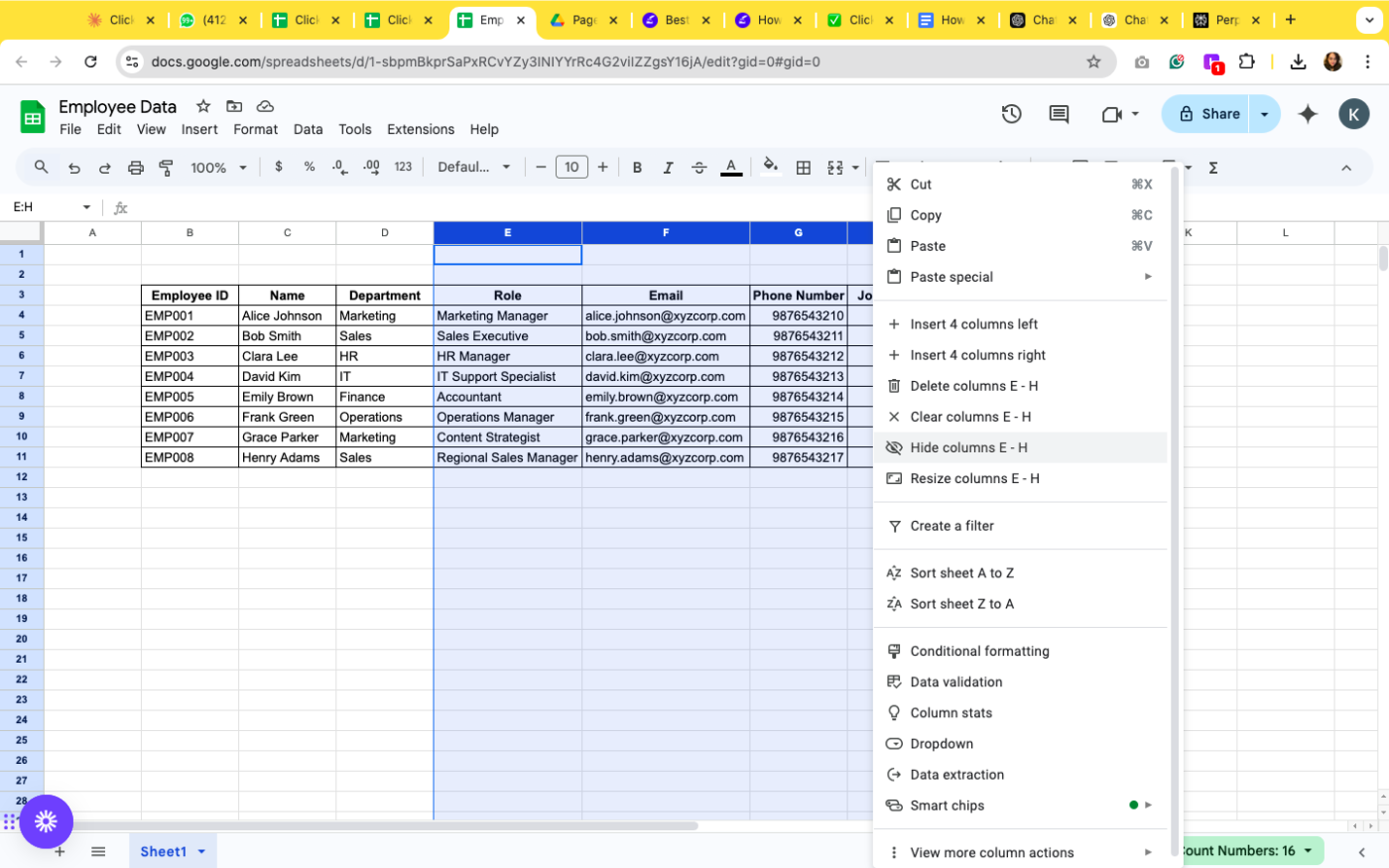 Hide multiple columns at once