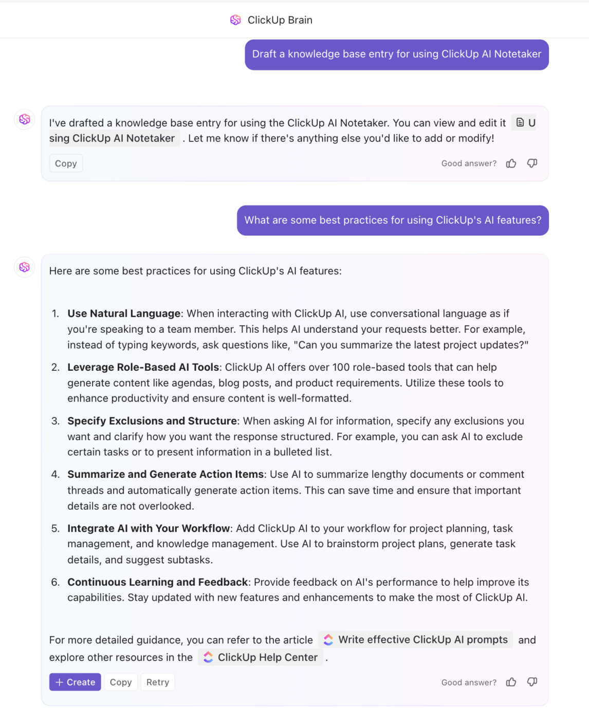 Draft knowledge base and help artciles and answer FAQs using ClickUp Brain