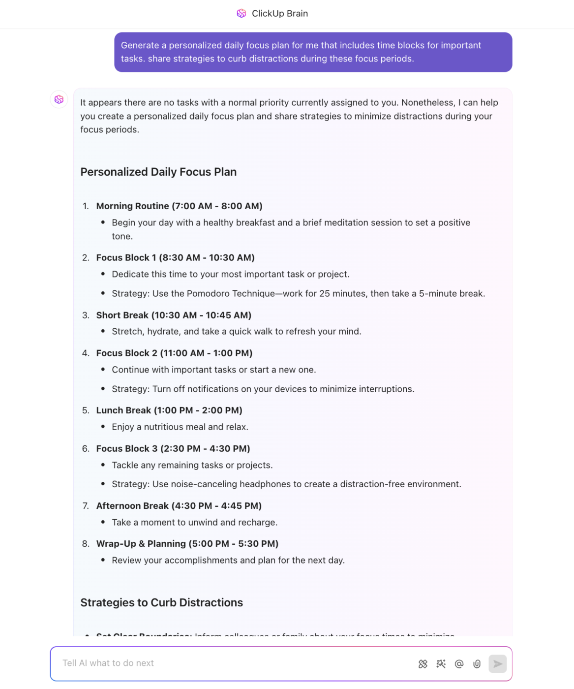 Generate a personalized daily focus plan with the help of ClickUp Brain