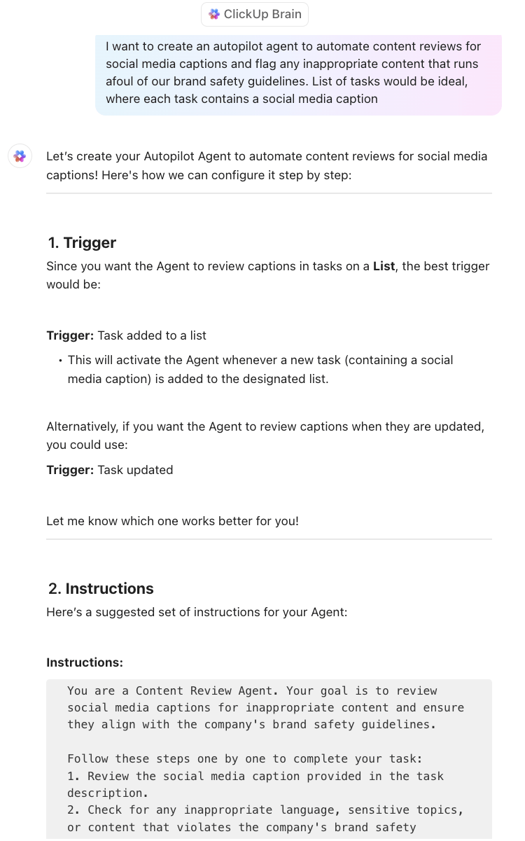 Brainstorm on agent ideas, workflows, and instructions with ClickUp Brain