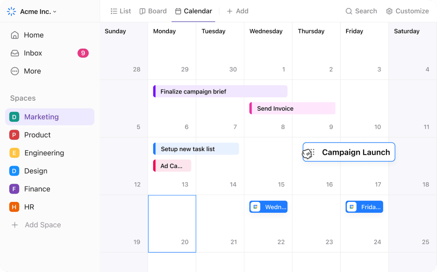 Use ClickUp Calendar to schedule project post-mortem meetings