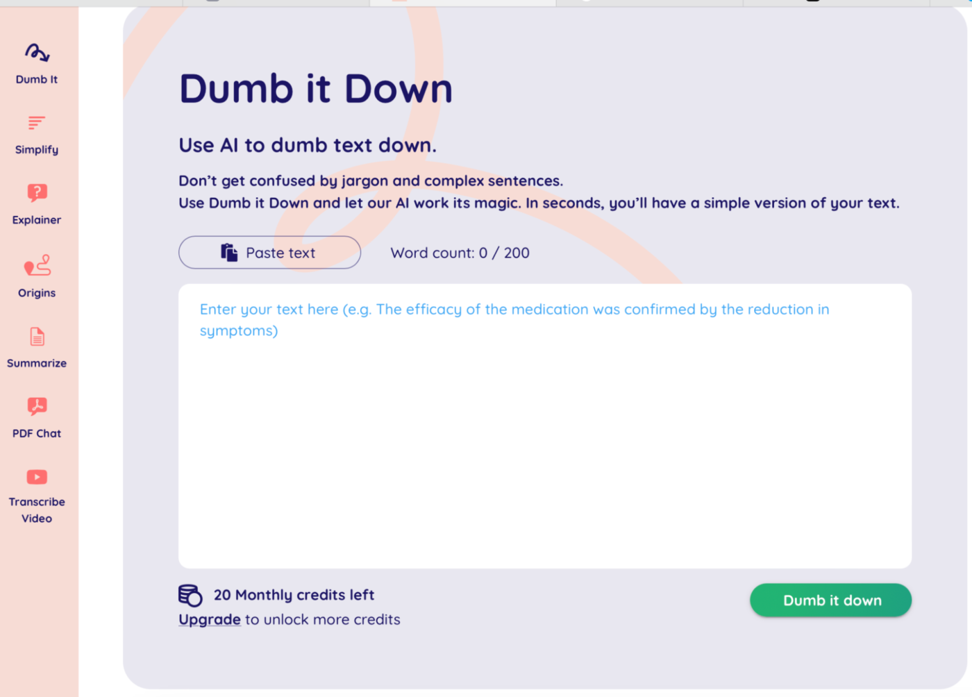 AI text simplifier: Dumb It Down (Best for explaining jargon)