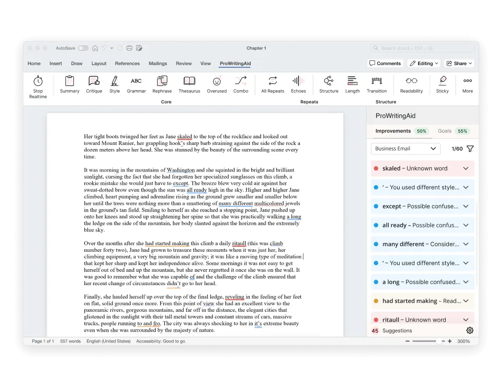 AI text simplifier: ProWritingAid (Best for real-time editing)