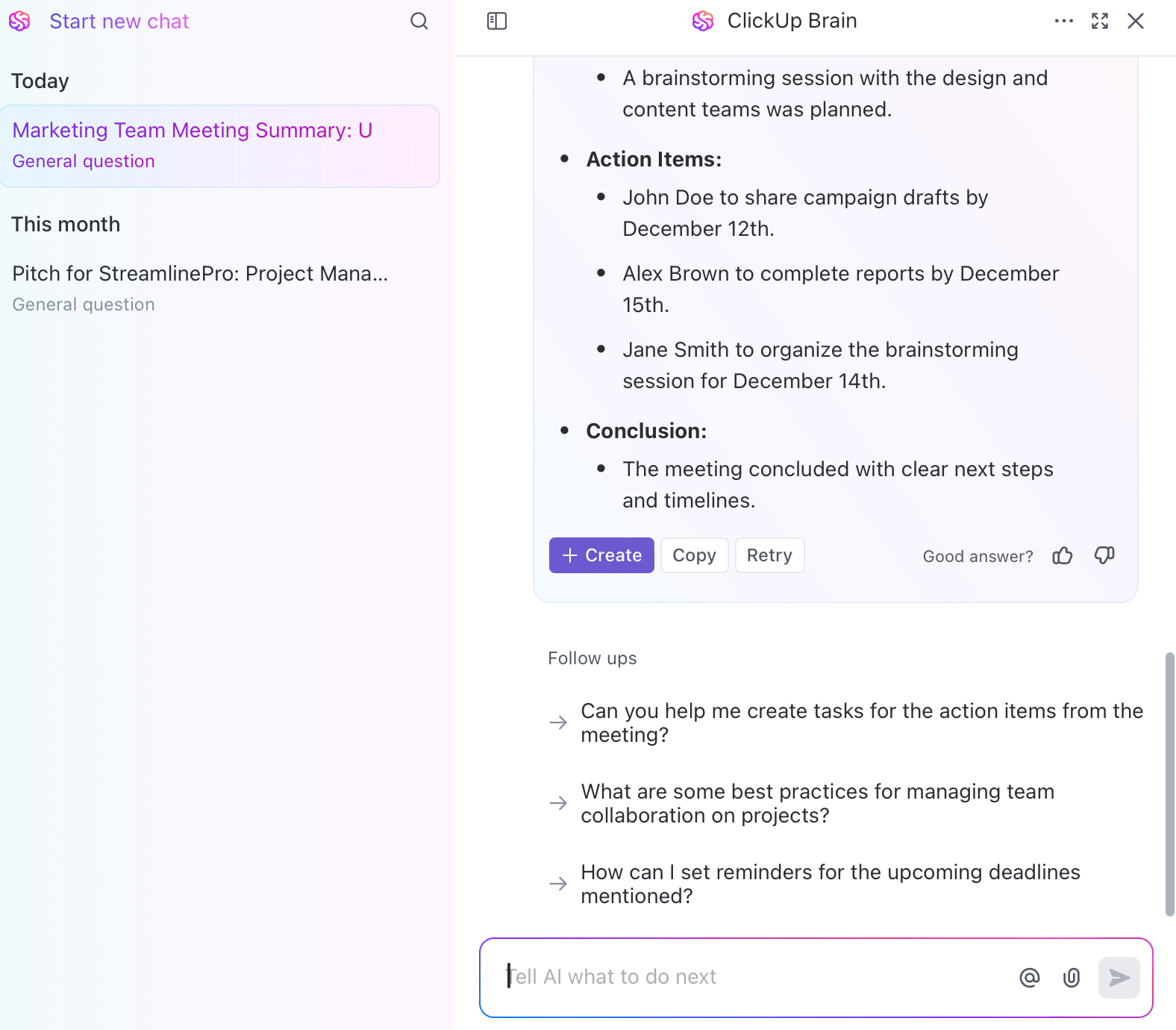 Create summaries for your meeting notes with ClickUp Brain