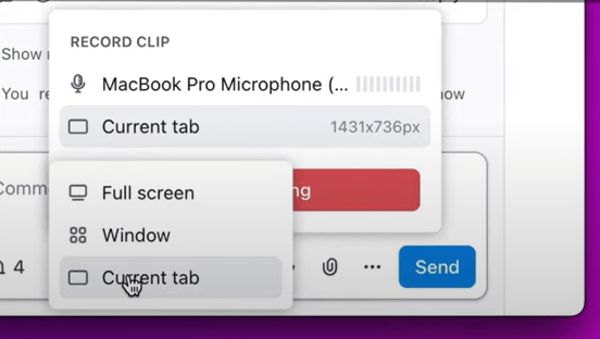 Choose the specific screen, browser tab, or application window in Clips