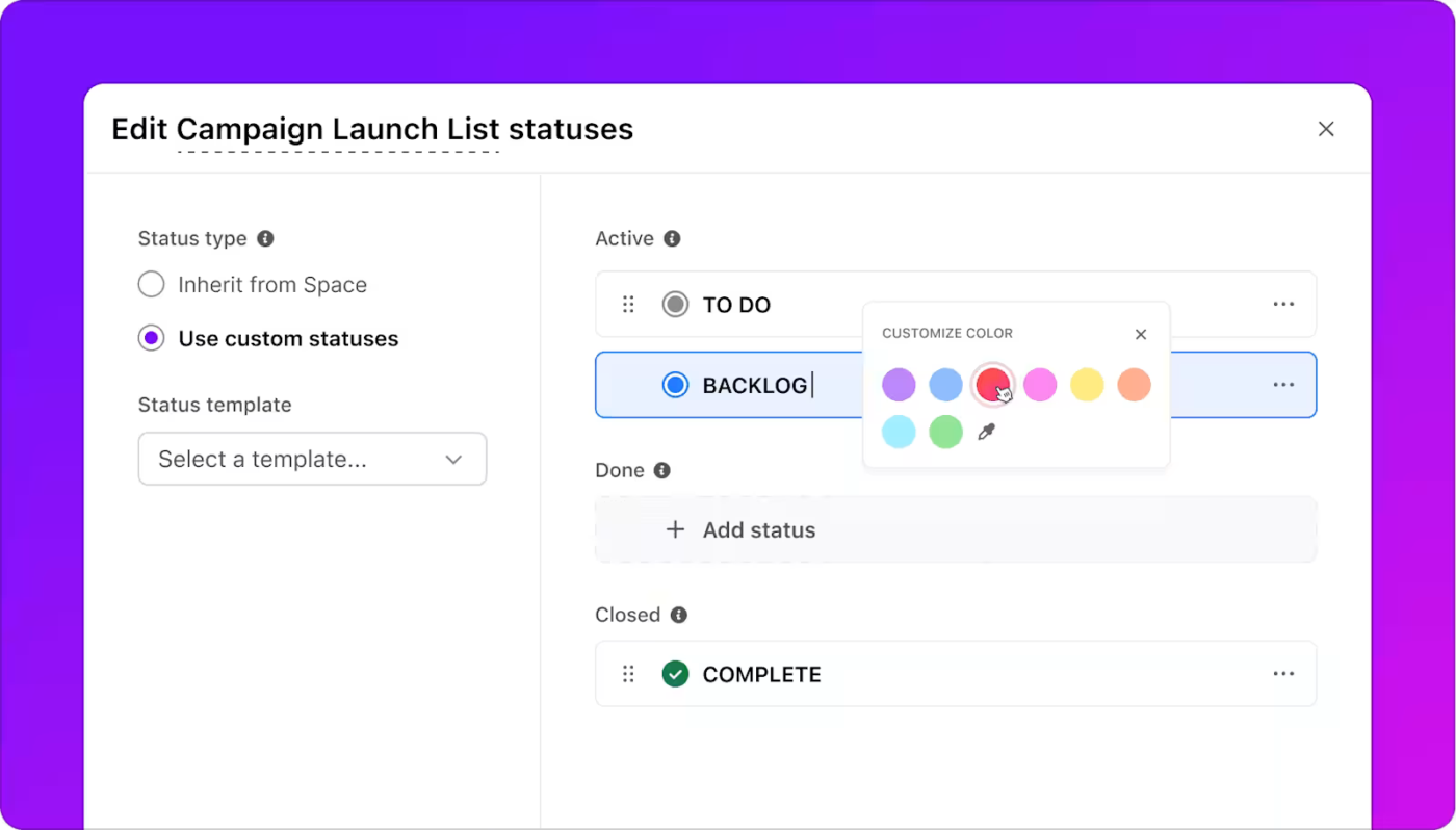 Use ClickUp tasks to track project list items