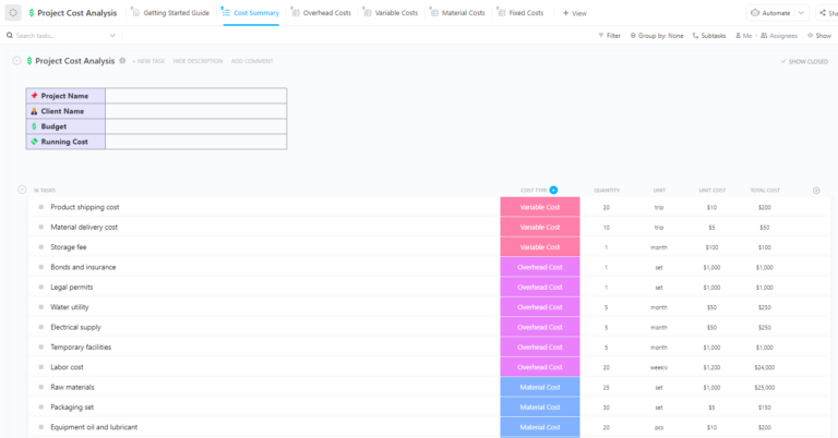 ClickUp Project Cost Analysis Template