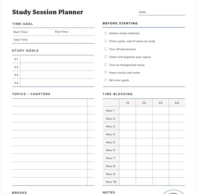 Notability Planner Templates: Study Session Planner Template