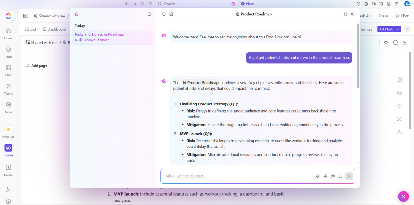 Ask ClickUp Brain further questions related to your product roadmap : ClickUp vs Aha