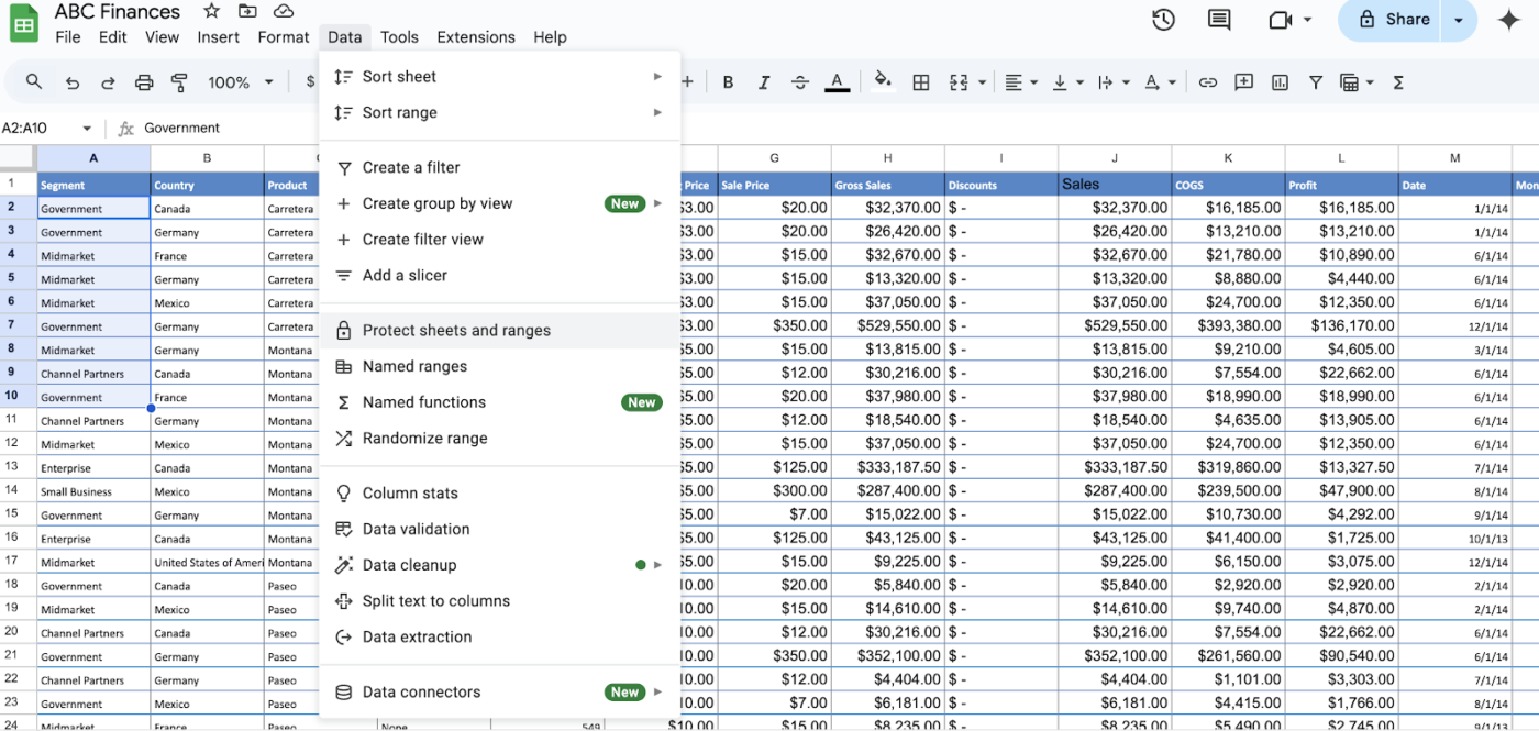 Access the ‘protect sheets and ranges’ panel  How to Lock Cells in Google Sheets
