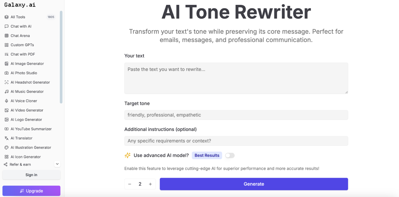 Galaxy.AI ai tone rewriter