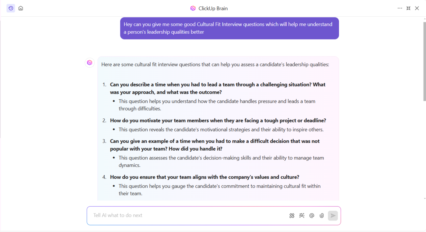 Generate culture fit interview questions with ClickUp