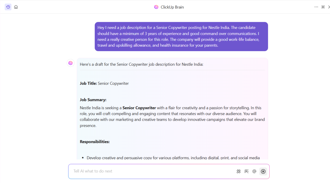 Generate resume job descriptions at ease with ClickUp Brain