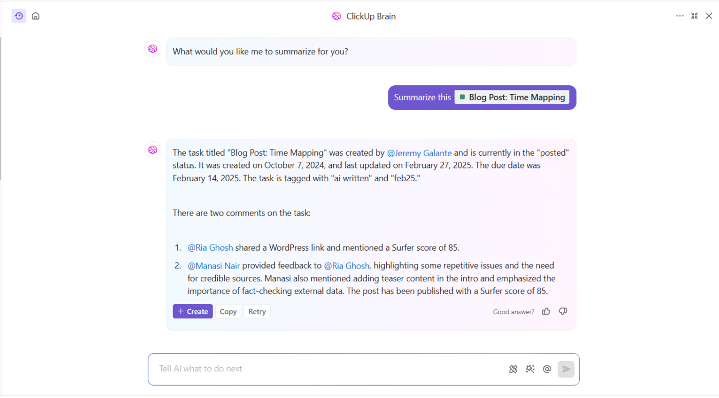 Summarize your project updates or task updates with ClickUp Brain