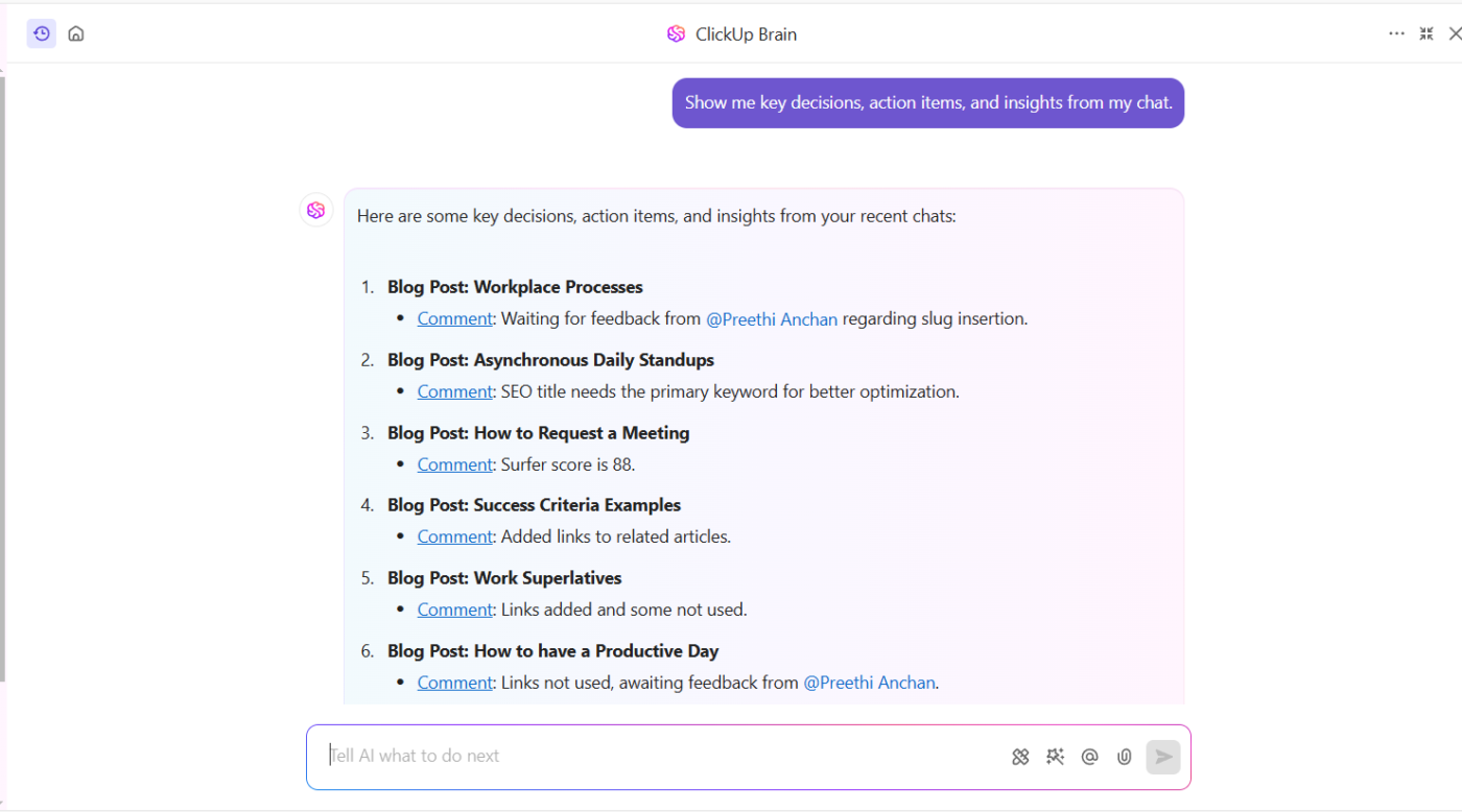 Retrieve important information from your chats with ClickUp Brain