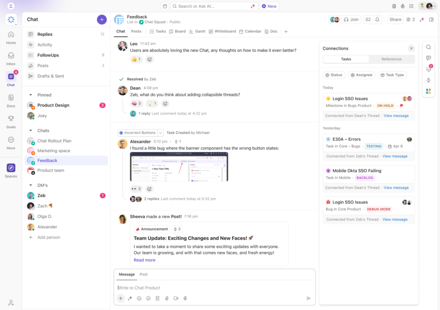 Keep team conversations clear and contextual with ClickUp Chat