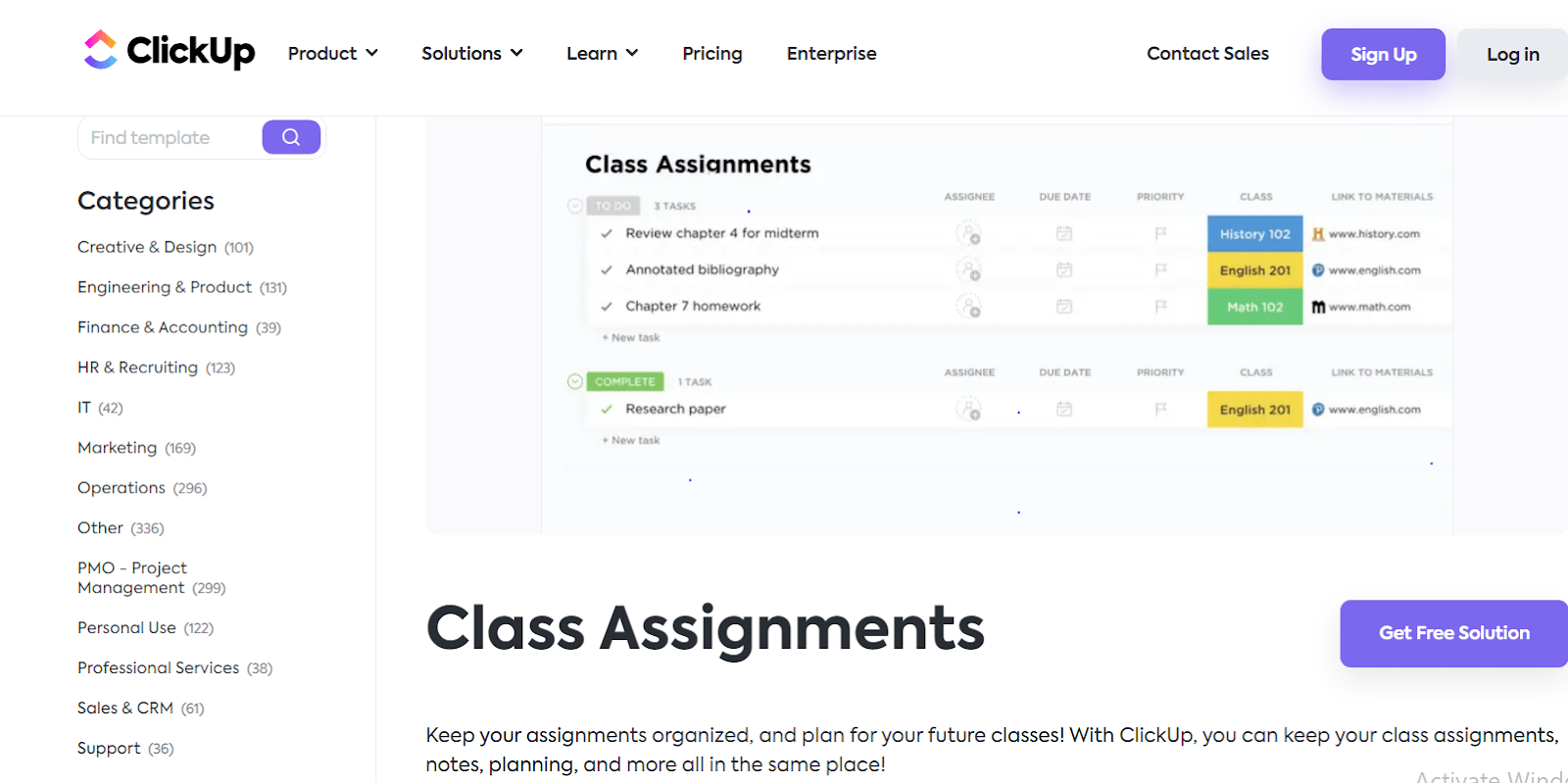 Sử dụng Mẫu bài tập lớp của ClickUp để lên lịch học dễ dàng