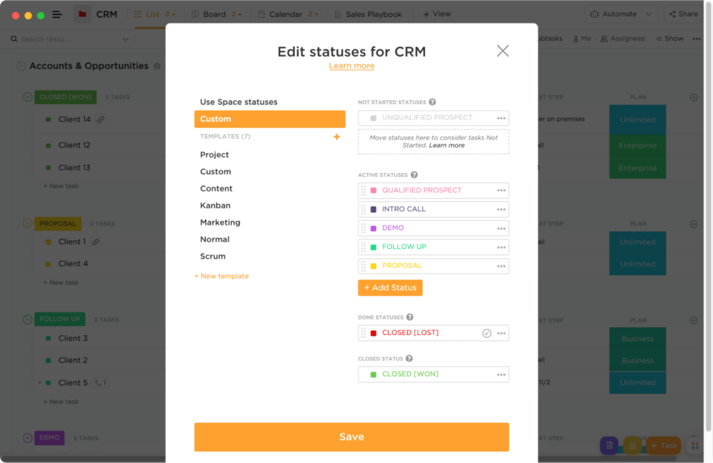 ClickUp Custom Statuses: Simple CRM