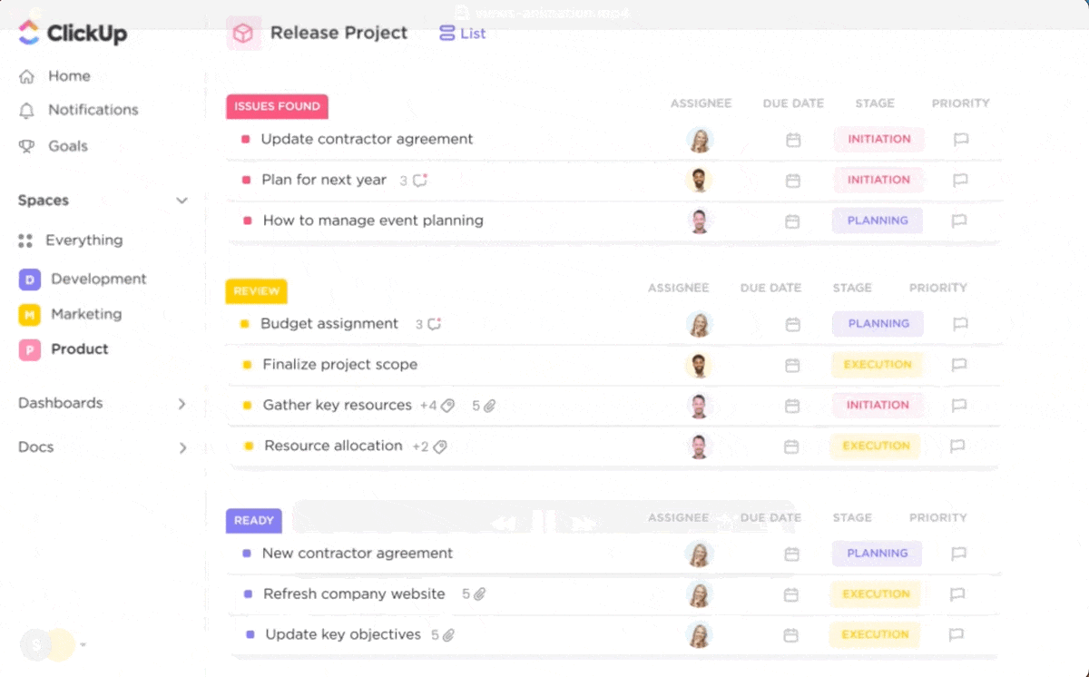 Animated ClickUp dashboard showing task lists organized by project stage with assignees, due dates, and priorities being updated in real time.