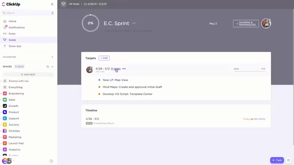 Set numerical, monetary, or task-based targets to track progress with ClickUp Goals