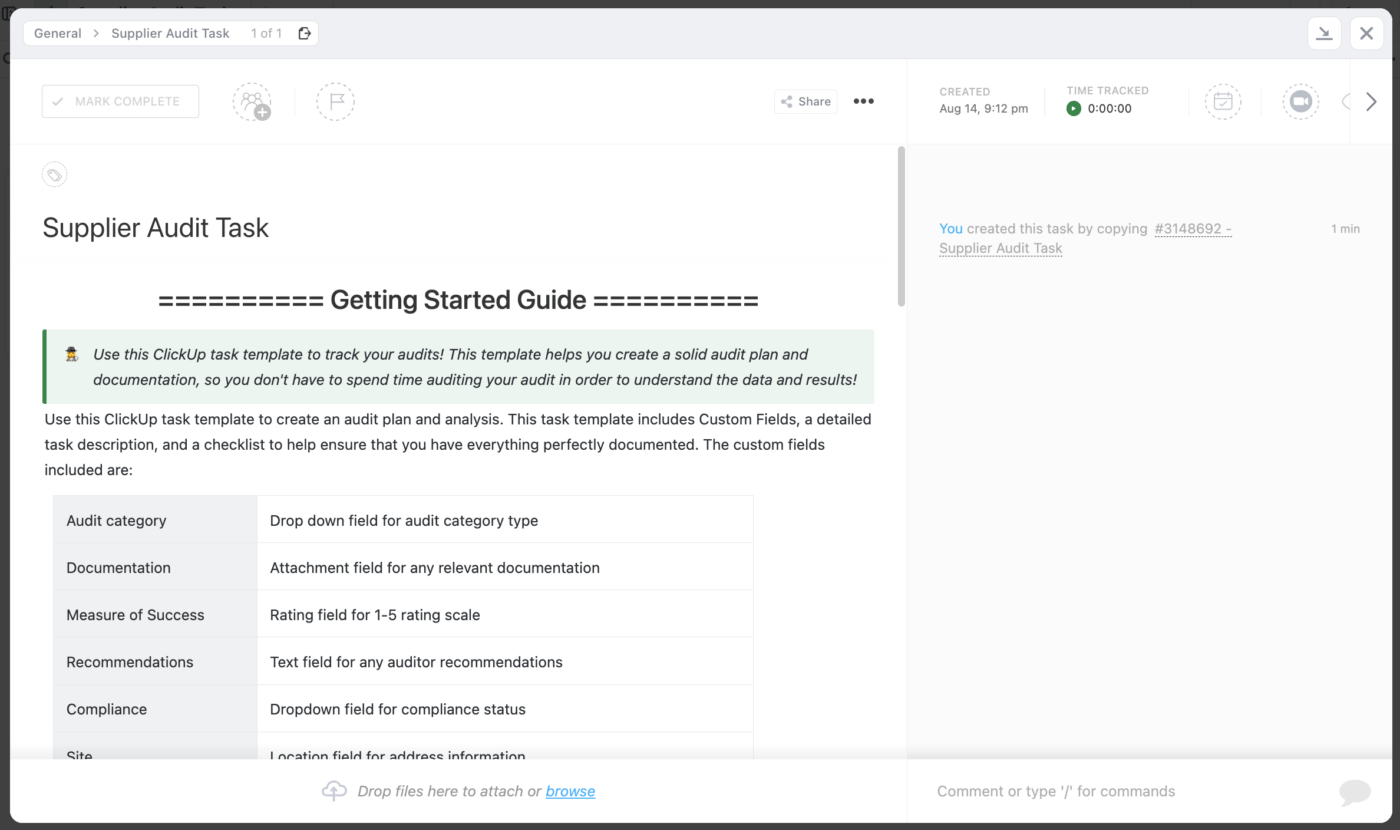 Organize all supplier audit information in a ClickUp task
