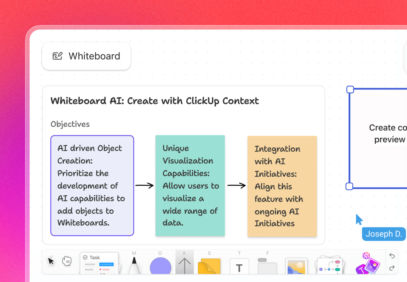 Turn brainstorming sessions into structured plans using ClickUp Whiteboards: AI for Workflow Management