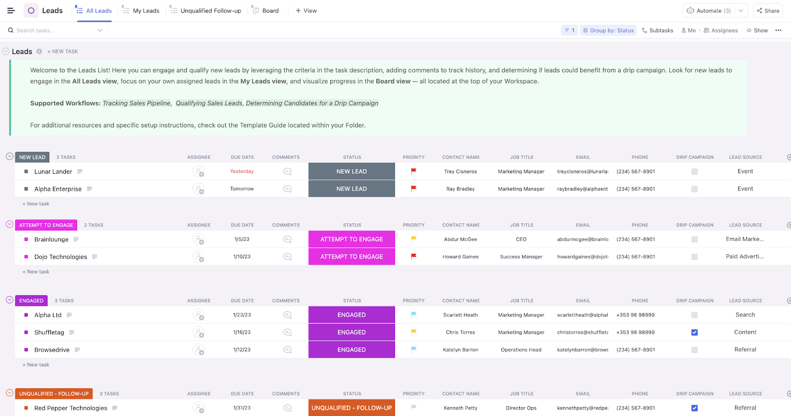 Nurture leads, manage complex accounts, and automate repetitive tasks using ClickUp’s CRM template