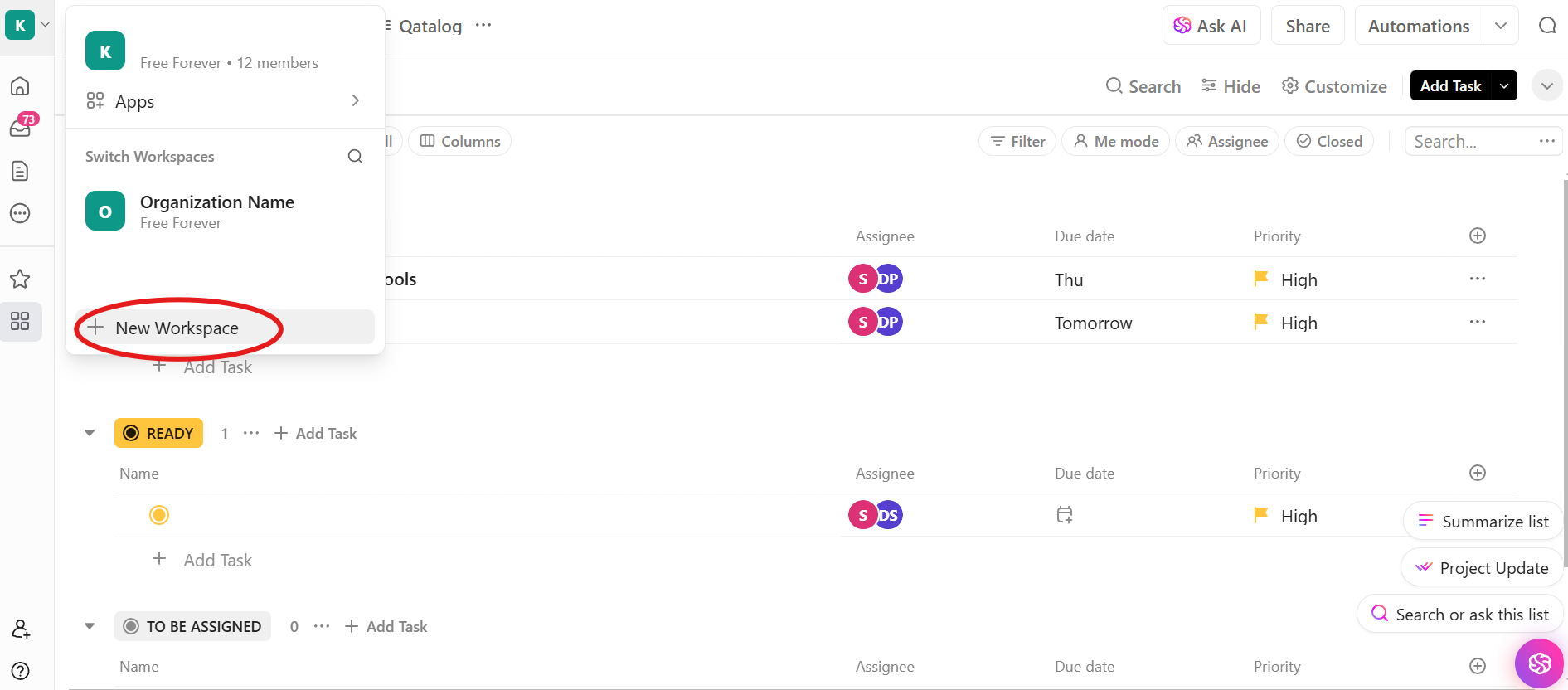Create a ClickUp Workspace and populate it with well-segmented tasks, goals, and visualization tools