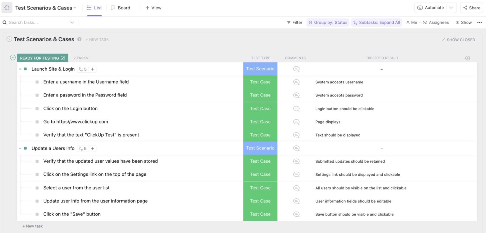 ClickUp Test Scenarios