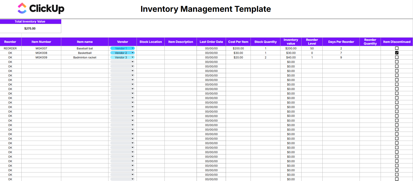 Stay on top of stock levels with the Inventory Management Template by ClickUp