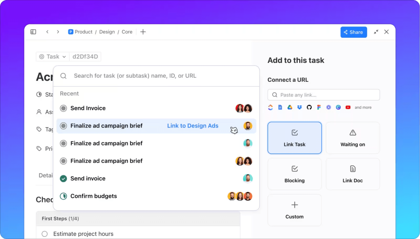 Organize work in ClickUp Tasks by assigning, prioritizing, and tracking progress.