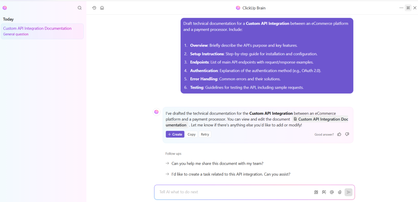 Prompt ClickUp Brain to generate technical content