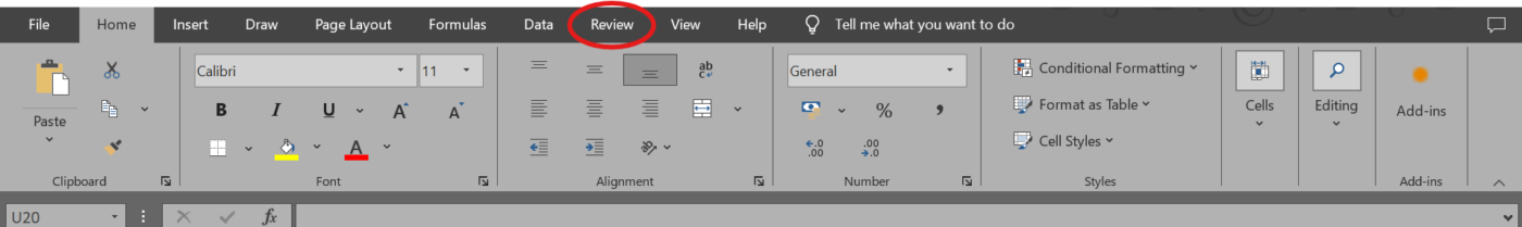 Excel featuring the 'Review' tab