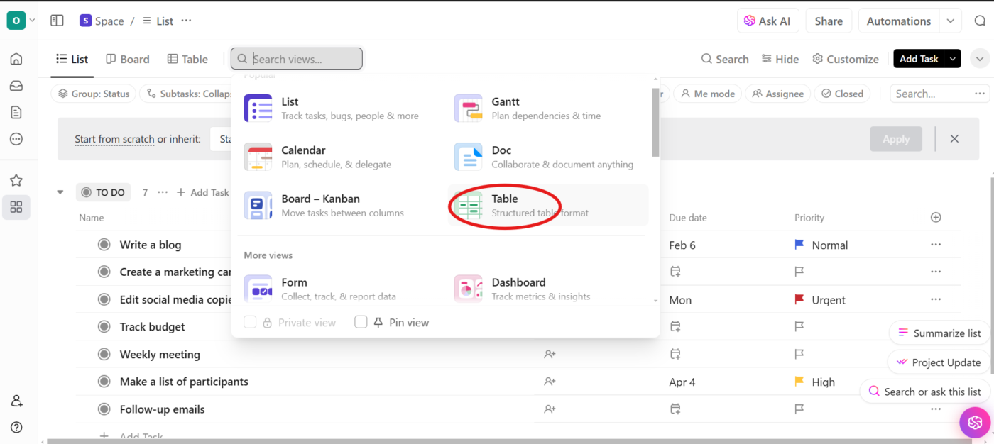 Select the Table View