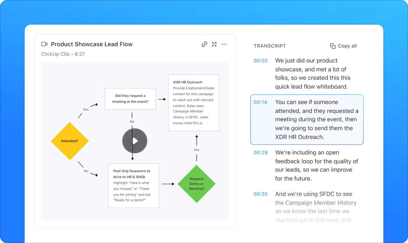 Use ClickUp Brain to transcribe recordings and access insights quickly