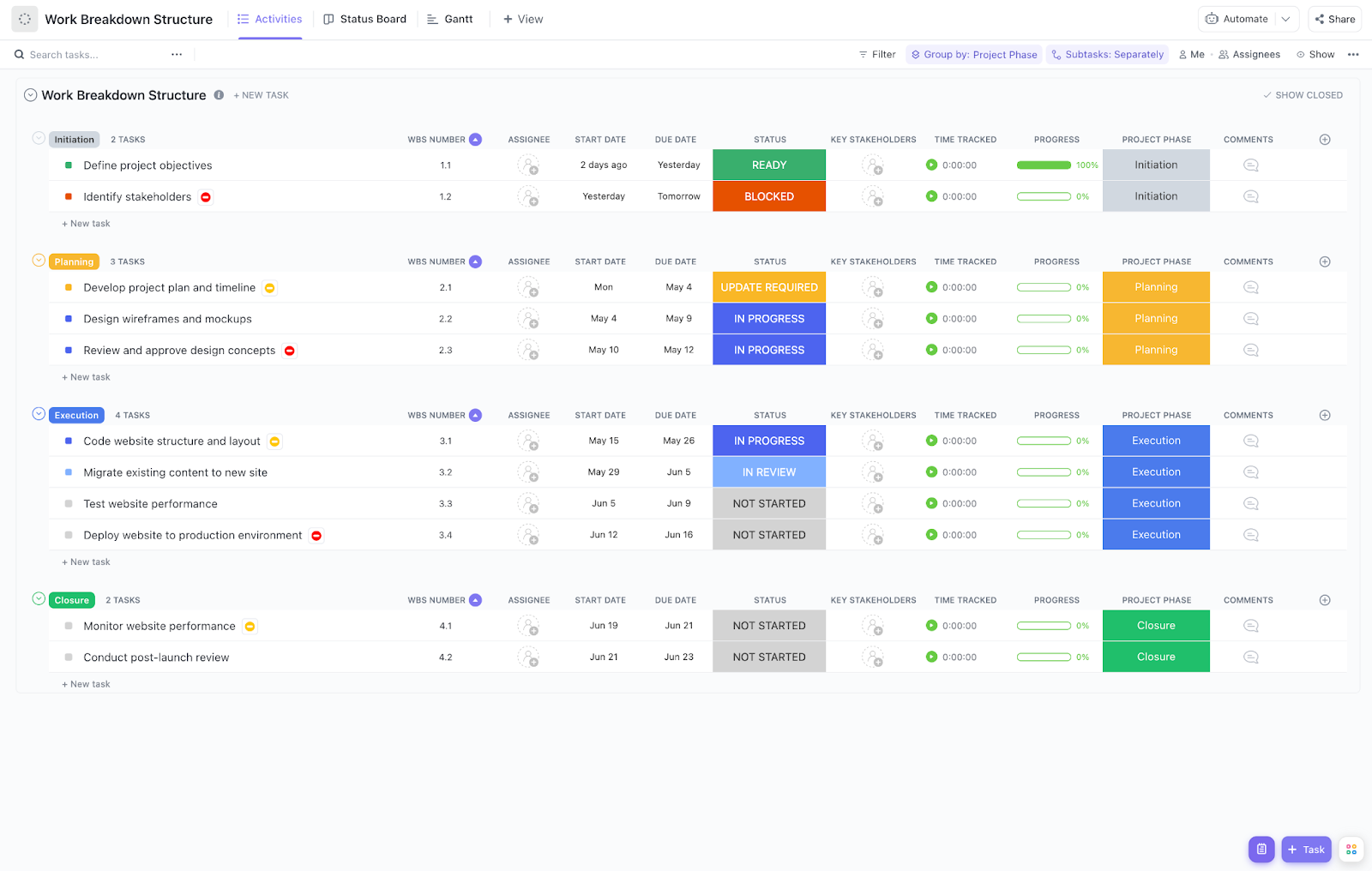 ClickUp's Video Production Work Breakdown Structure template 