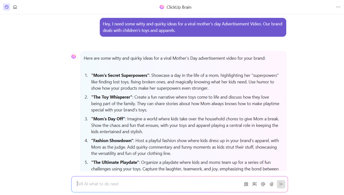 Get ideas and inspirations by using ClickUp Brain