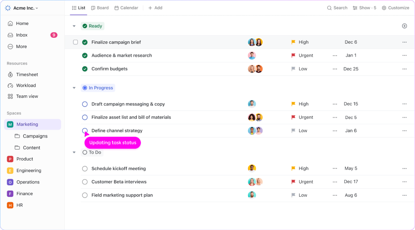 ClickUp arayüzüyle kontrol listesi
