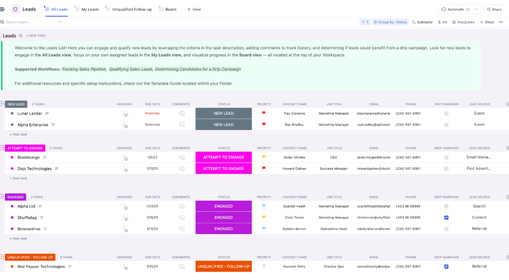 Take off faster, build stronger customer relationships, and manage your retail workflows with ClickUp's CRM Template