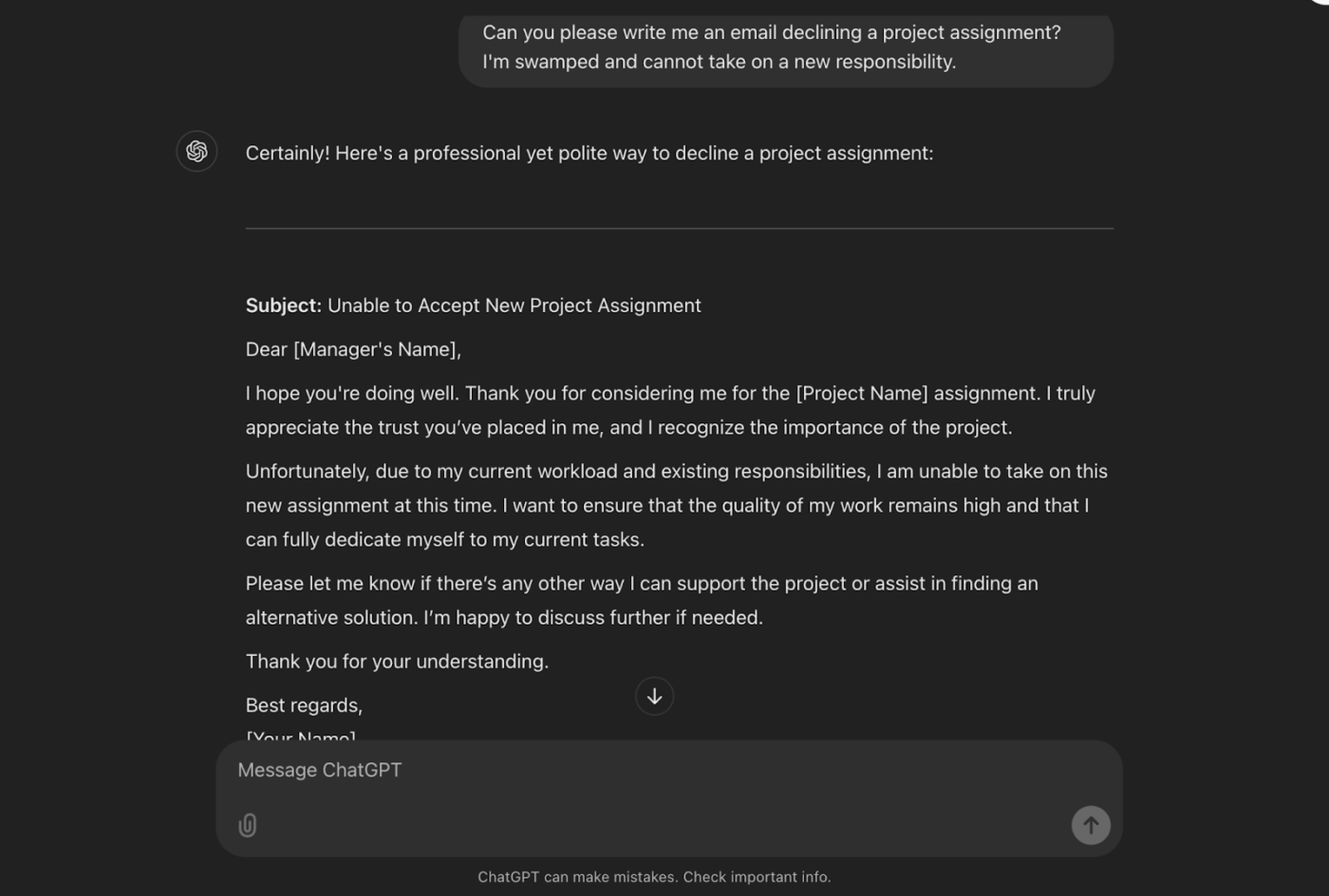 Project Declining Email Prompt: How to Use ChatGPT to Write Emails