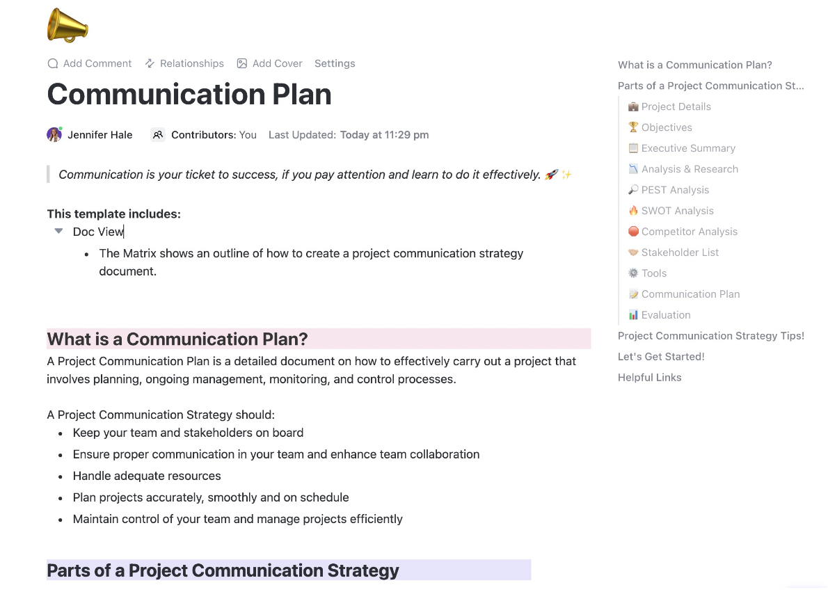 ClickUp Communication Plan Template