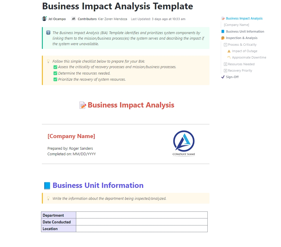 ClickUp Business Impact Analysis Template: scenario planning template