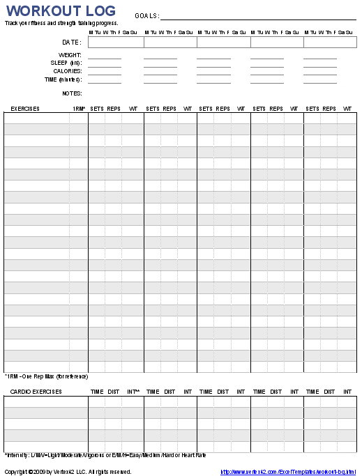 Workout Log Templates: Workout Log Template by Vertex42