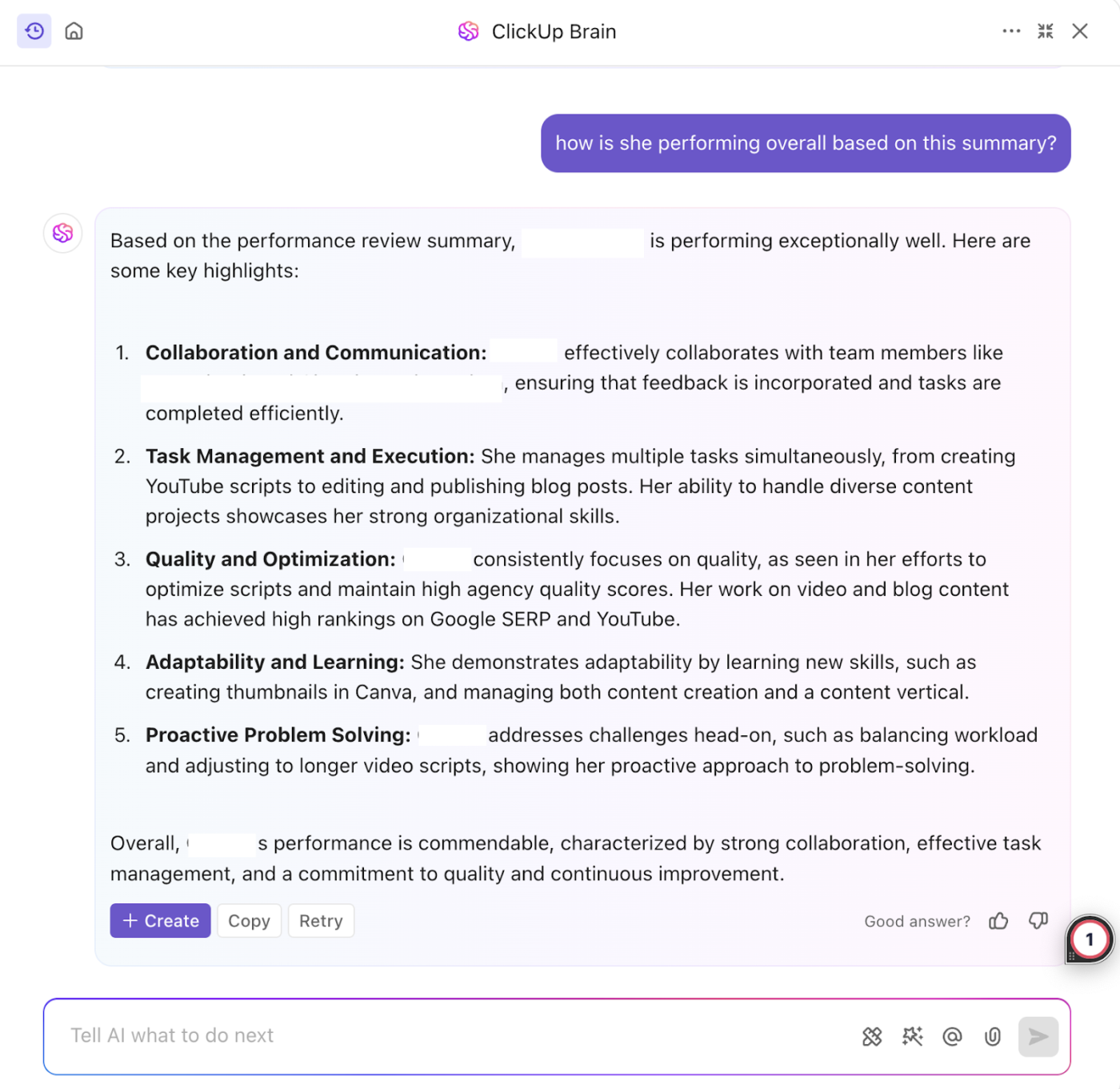 ClickUp Brain: ai for performance reviews
