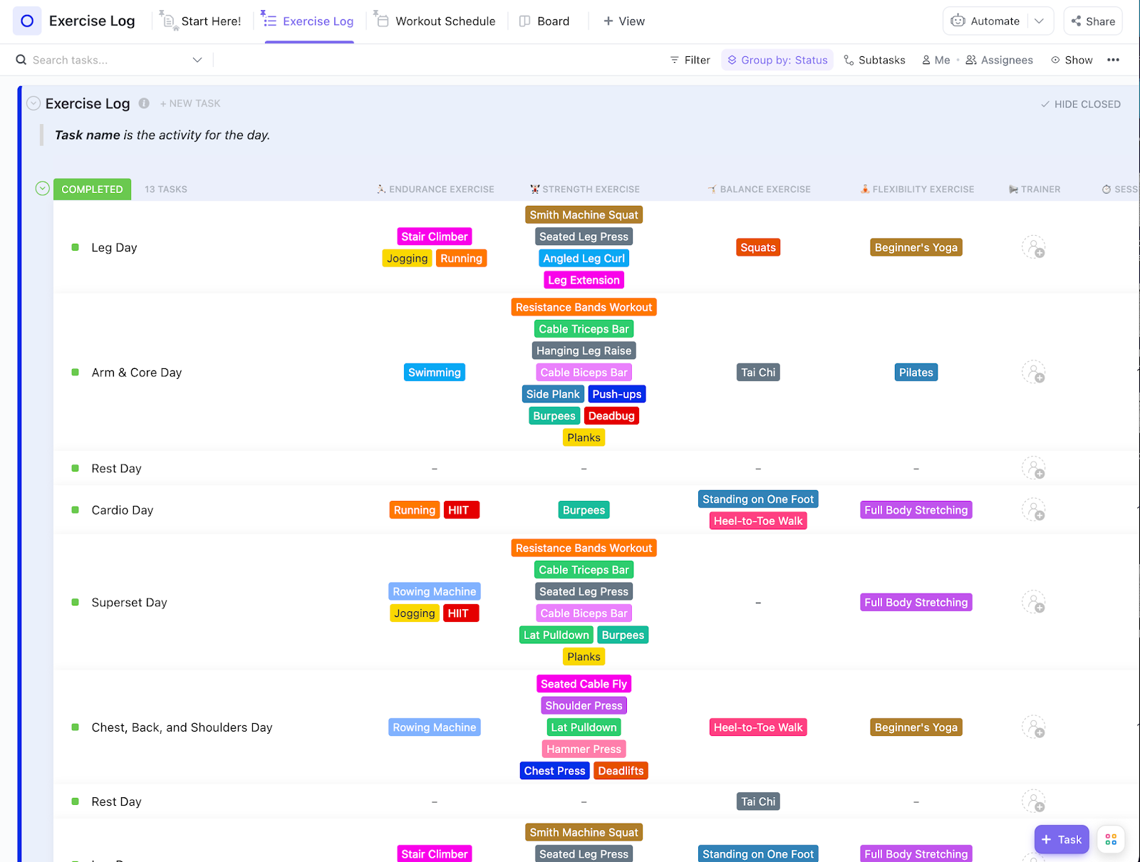 Workout Log Templates: ClickUp Exercise Log Template