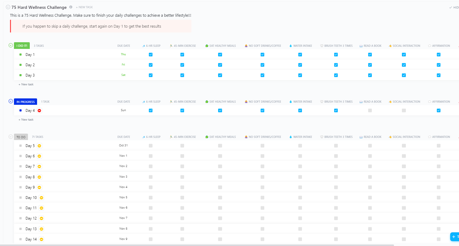 ClickUp 75 Hard Wellness Challenge Template