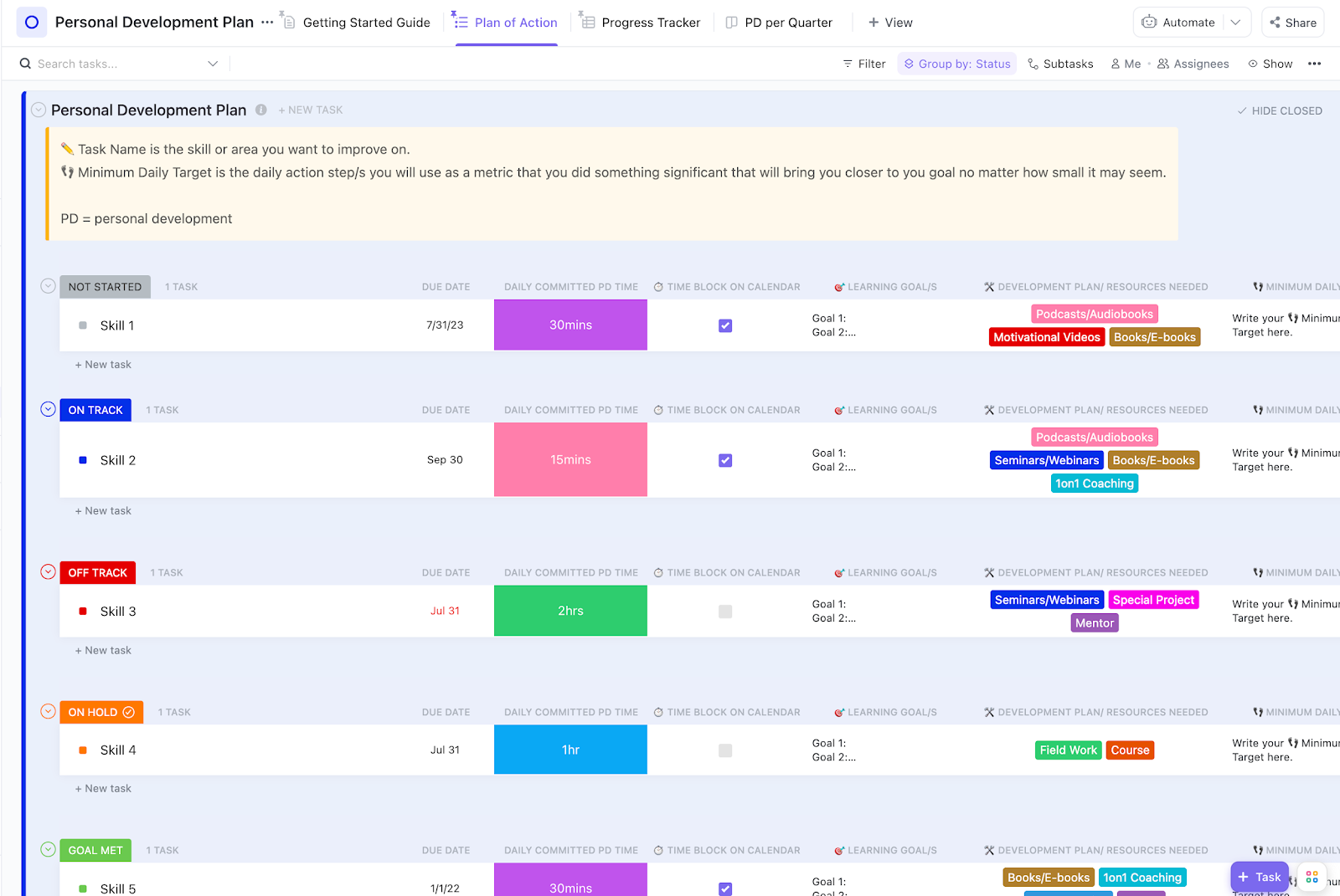 Workout Log Templates: ClickUp Personal Development Plan Template