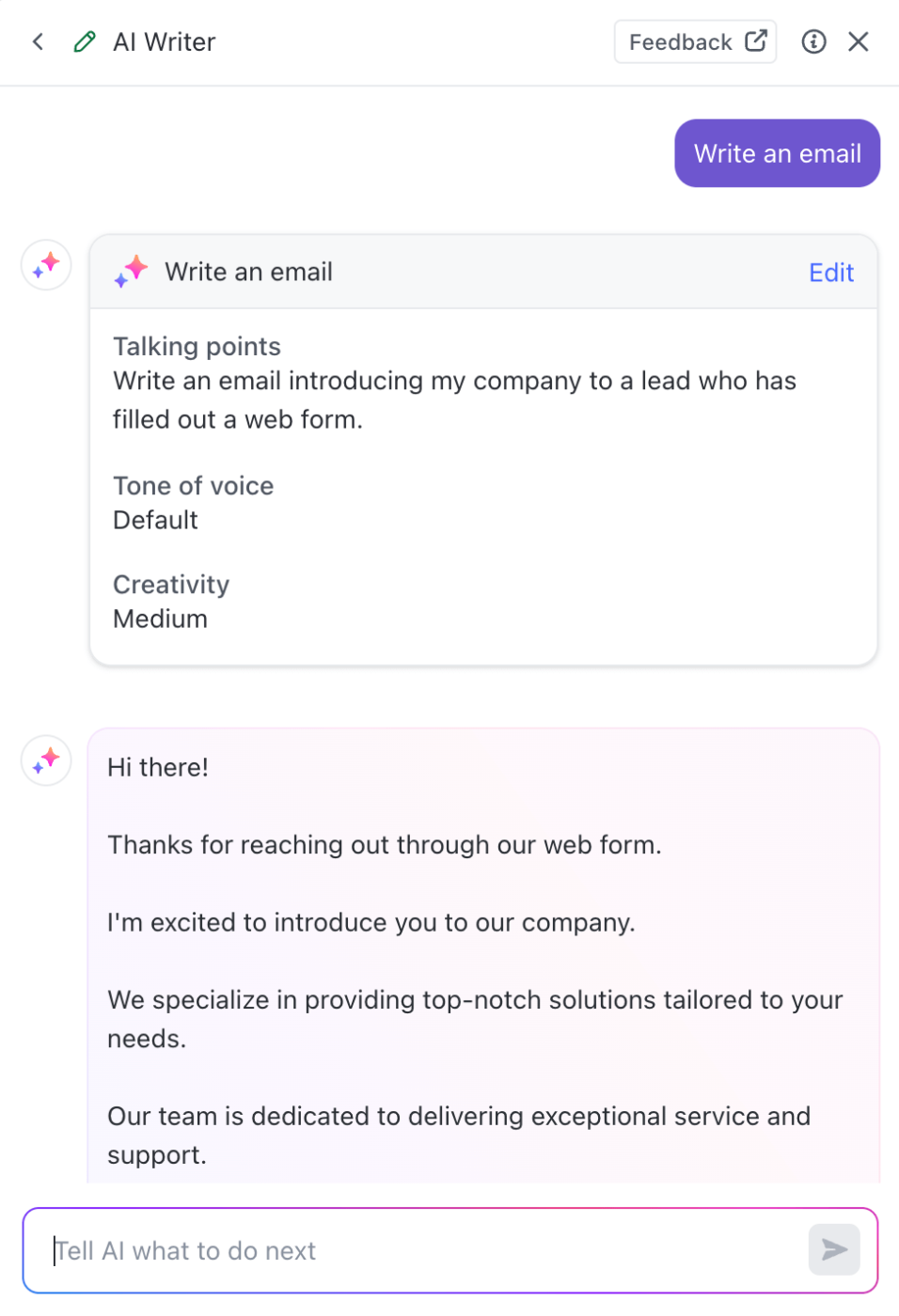 Use ClickUp Brain to tailor a personalized sales email with the required tone of voice and structure